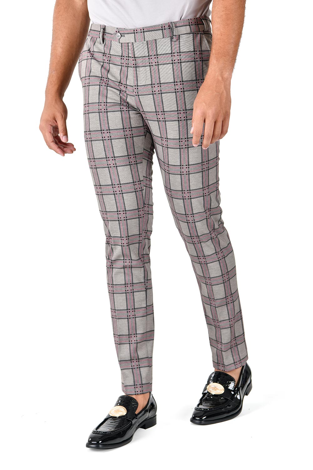 BARABAS men's checkered plaid light grey chino dress pants CP130 pink