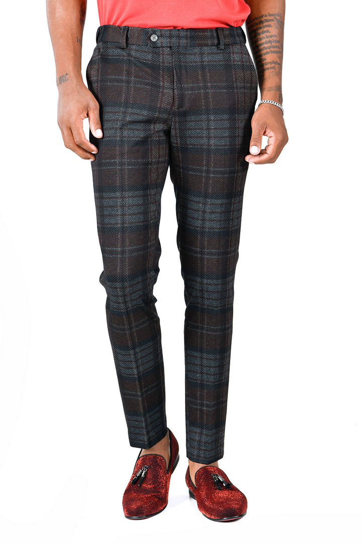 BARABAS men's checkered plaid brown grey chino pants CP137