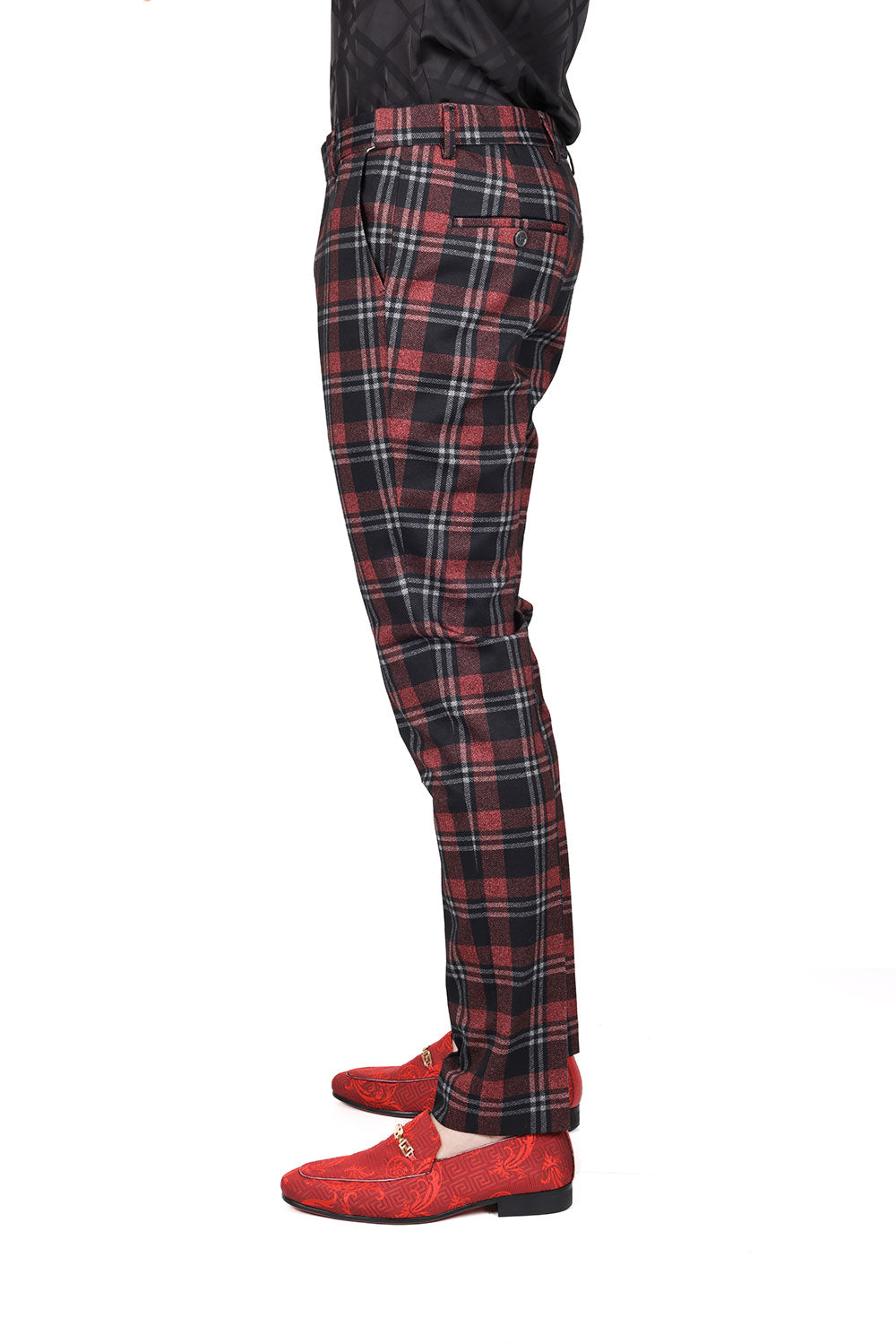 BARABAS men's luxury checkered plaid black red chino pants CP155 Black Red