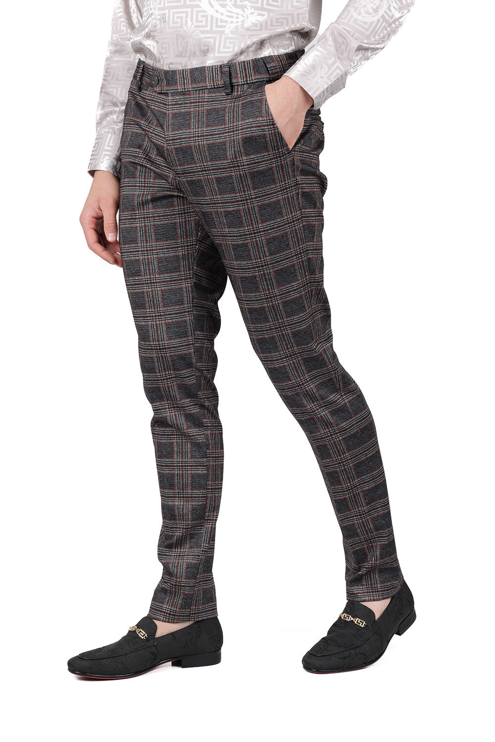 BARABAS men's checkered plaid grey orange chino pants CP156 Grey Orange