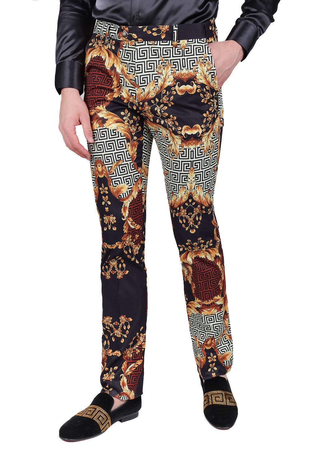 Barabas Men's Baroque Greek Print Floral Design Chino Pants CP169 Saddle