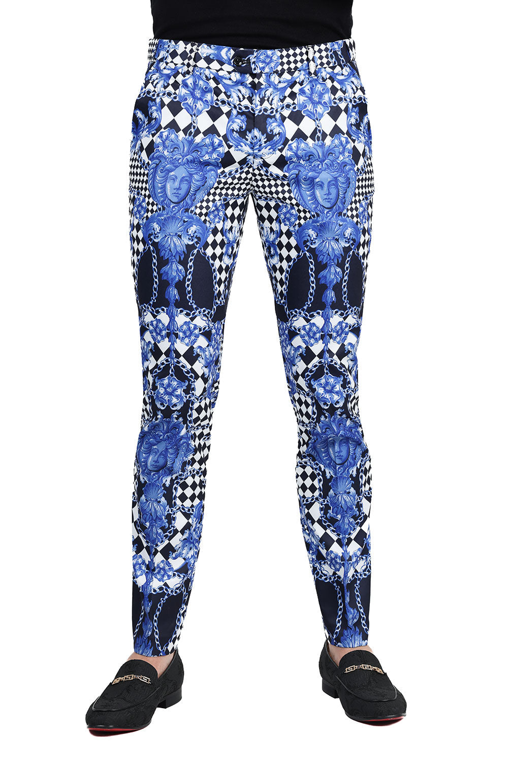 BARABAS Men's Printed Gold Chain Checkered Medusa Floral Pants CP178 Navy White