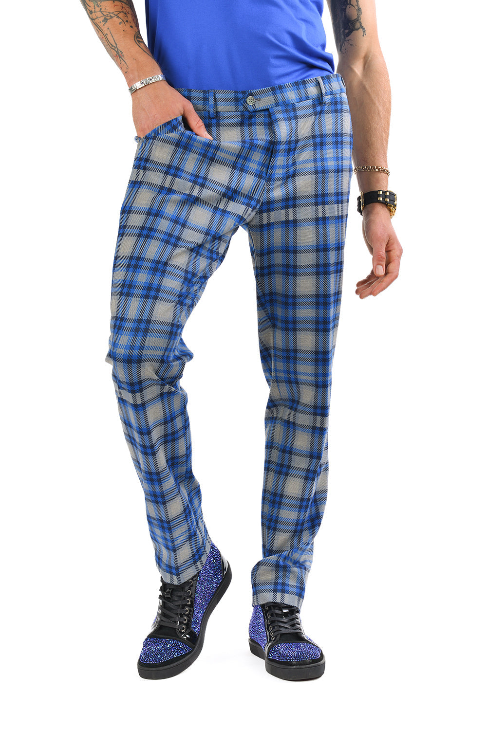 Barabas Men's Printed Checkered Design Wine Blue Chino Pants CP181  Blue Grey