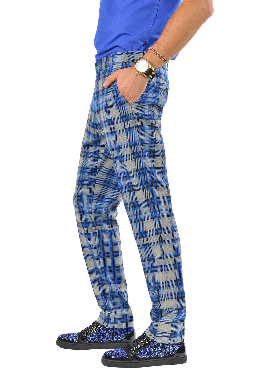 Barabas Men's Printed Checkered Design Wine Blue Chino Pants CP181  Blue Grey