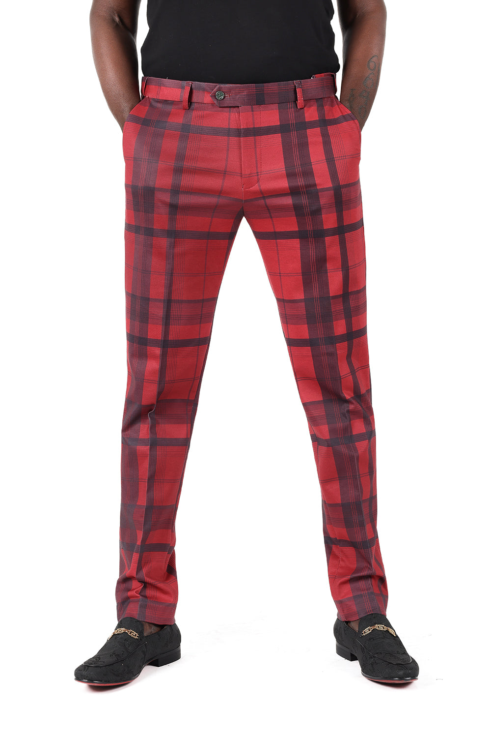 Barabas Men's Printed Checkered Design Red Sky Blue Chino Pants CP182 Red