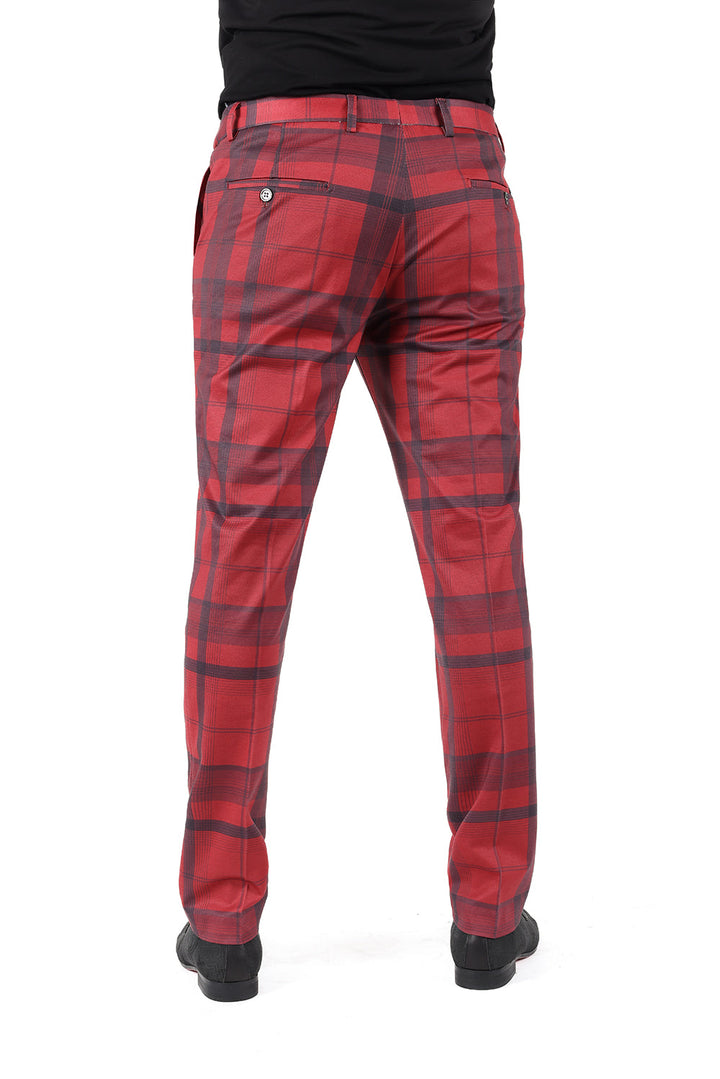 Barabas Men's Printed Checkered Design Red Sky Blue Chino Pants CP182 Red