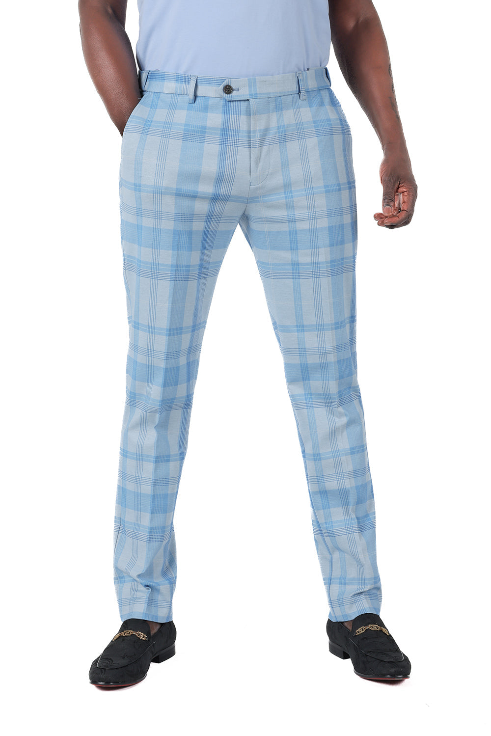Barabas Men's Printed Checkered Design Red Sky Blue Chino Pants CP182 Sky