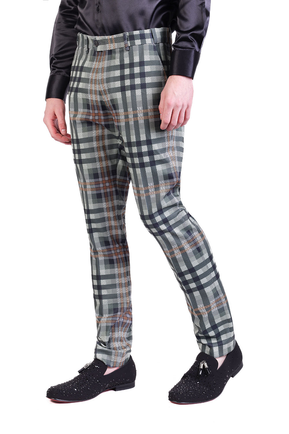 Barabas Men's Luxury Plaid Checkered Chino Dress Slim Pants CP201 Cream Green Hunter