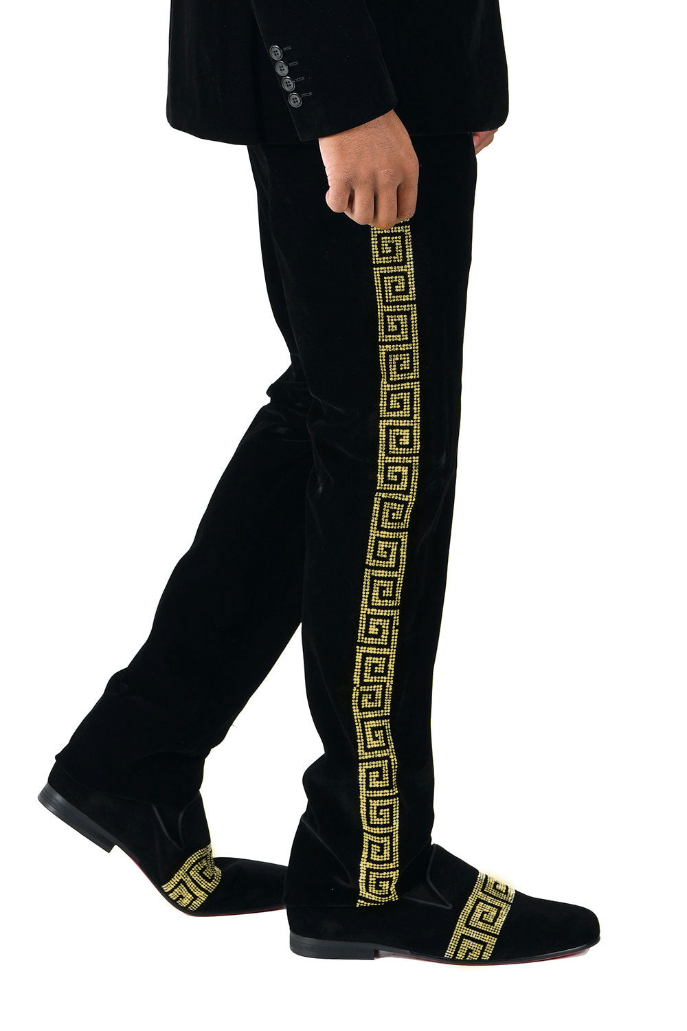Barabas Men's Velvet Rhinestone Greek Pattern Chino Dress Pants CP3067 Black Gold