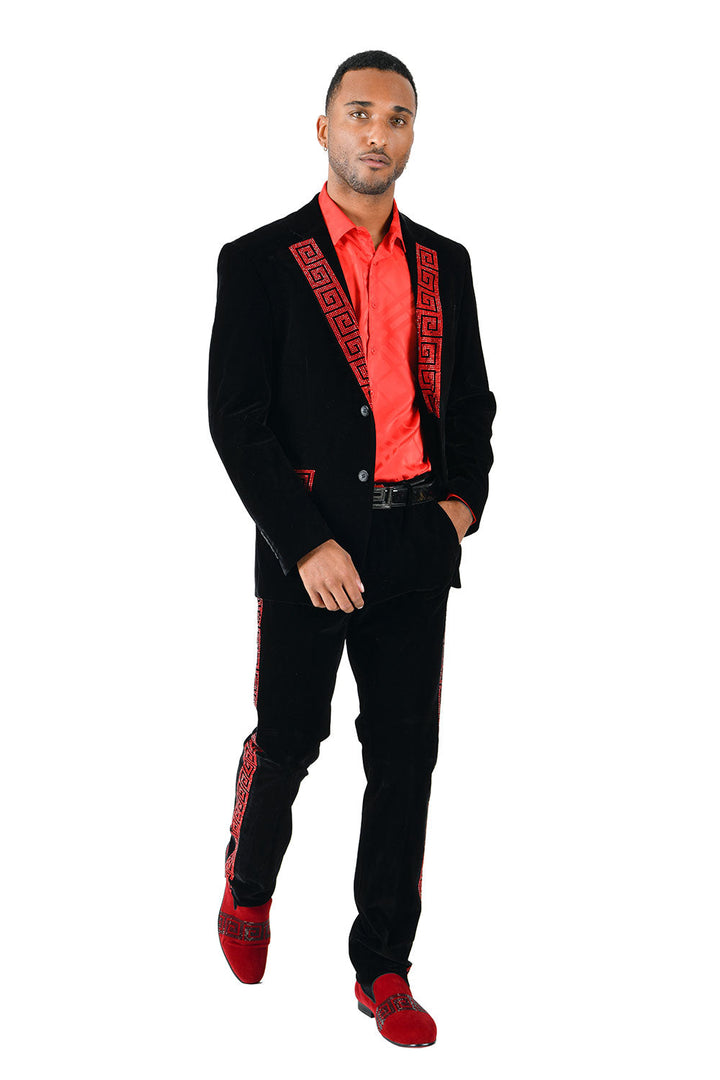 Barabas Men's Velvet Rhinestone Greek Pattern Chino Dress Pants CP3067 Black Red