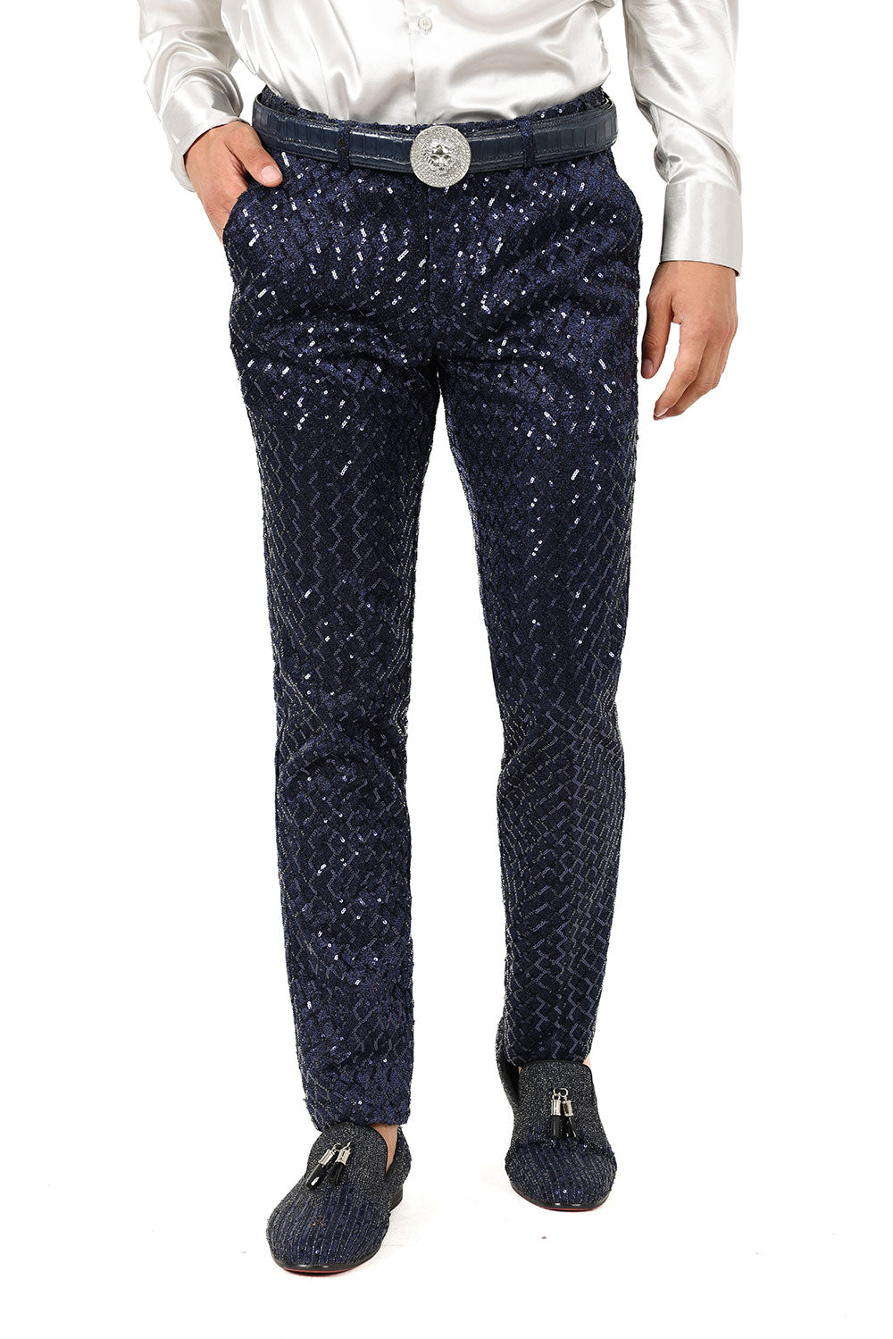 Barabas Men's Sequin Diamond Design Shiny Chino Pants 2CP3099 Navy