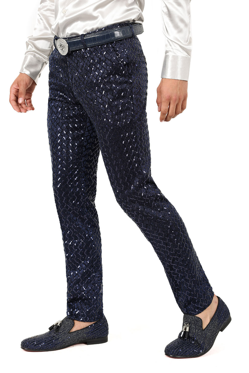 Barabas Men's Sequin Diamond Design Shiny Chino Pants 2CP3099 Navy