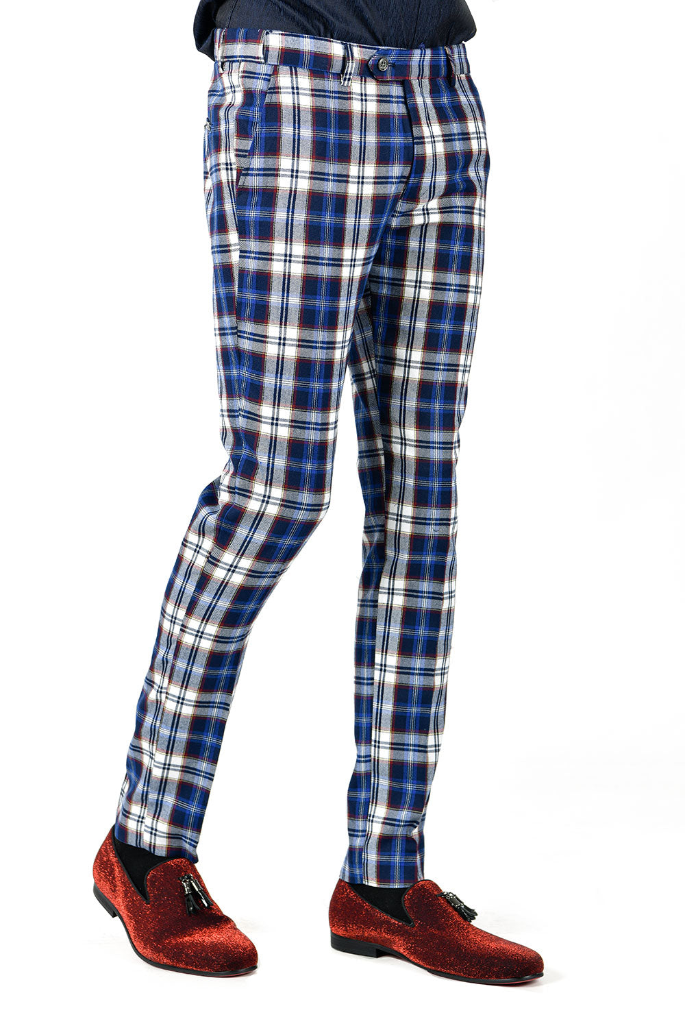 BARABAS men's checkered plaid blue white chino pants CP46