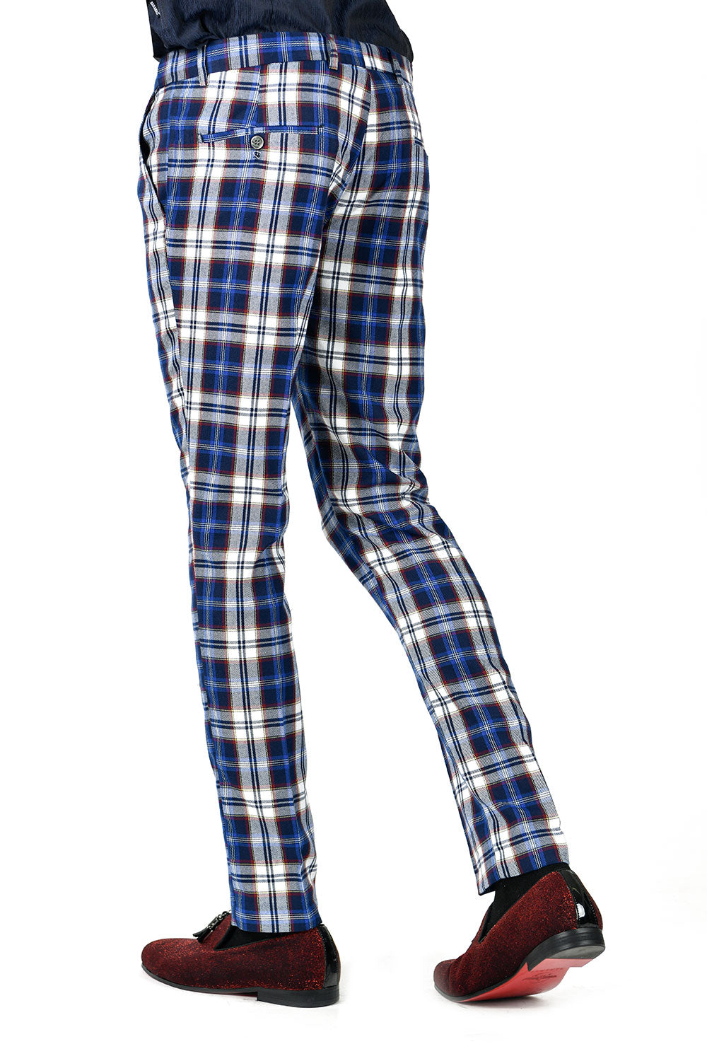 BARABAS men's checkered plaid blue white chino pants CP46