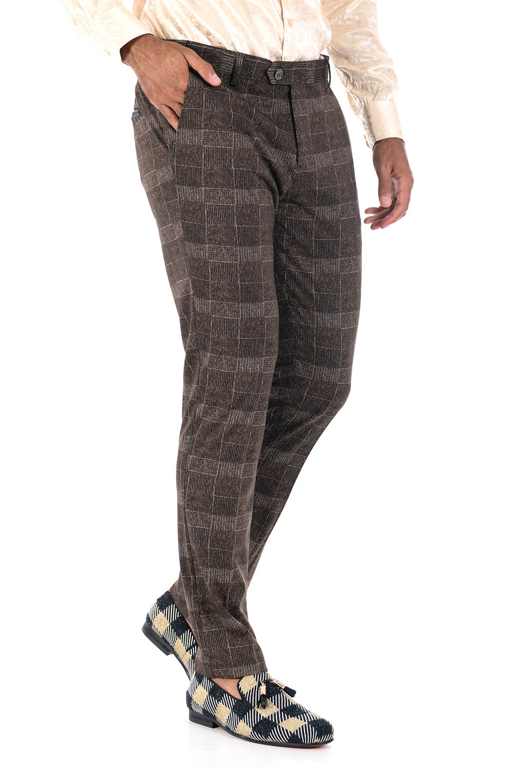 BARABAS men's checkered plaid brown cream chino pants CP86