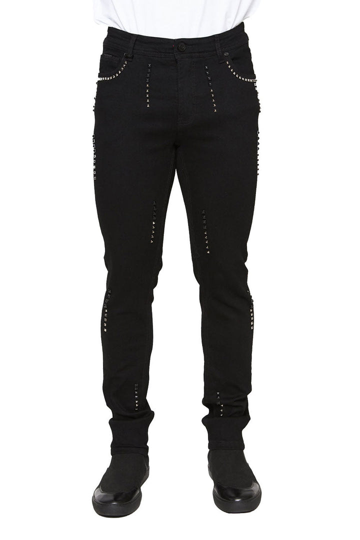 Barabas Men's Rhinestone Studded Slim Fit Black Denim Jeans SN8854 