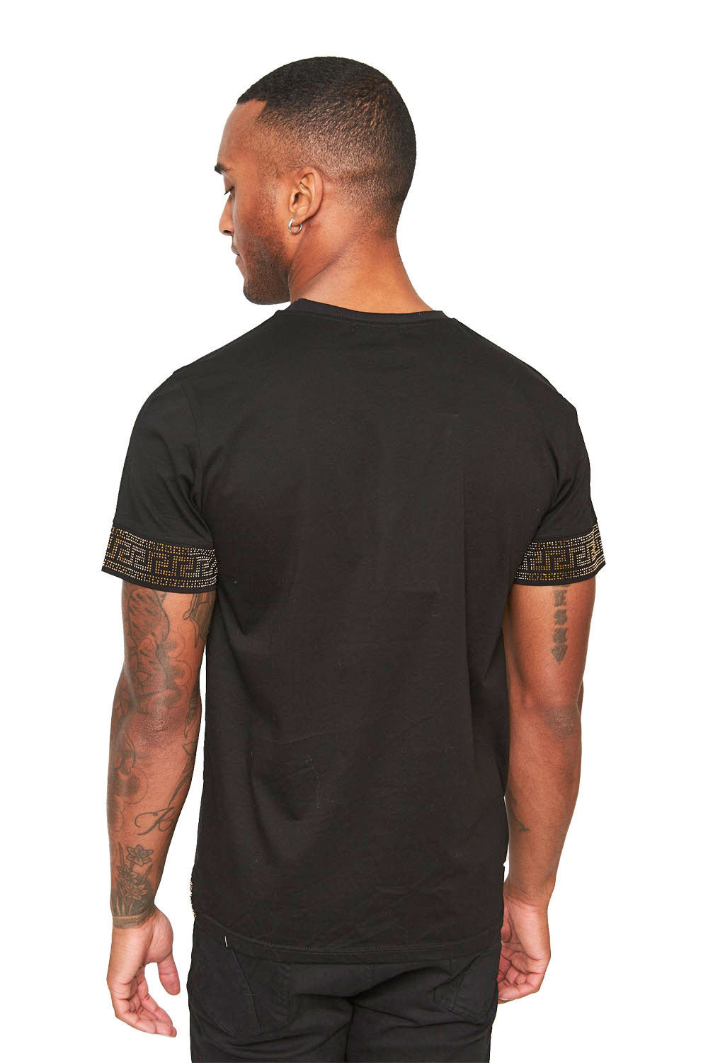 Barabas Men's Rhinestone Greek Key Pattern Black t-shirts ST934 Black Gold