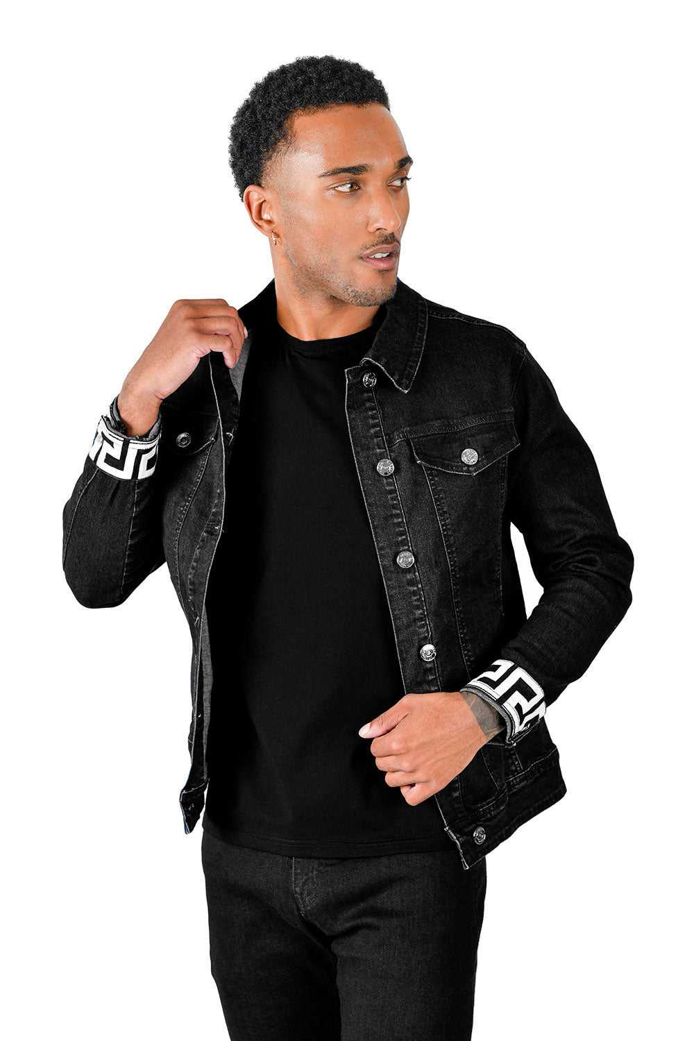 BARABAS Men's Greek Key Pattern Design Luxury Denim Jacket JV855 Black