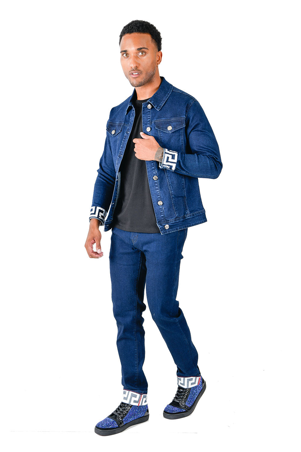 BARABAS Men's Greek Key Pattern Design Luxury Denim Jacket JV855 Blue
