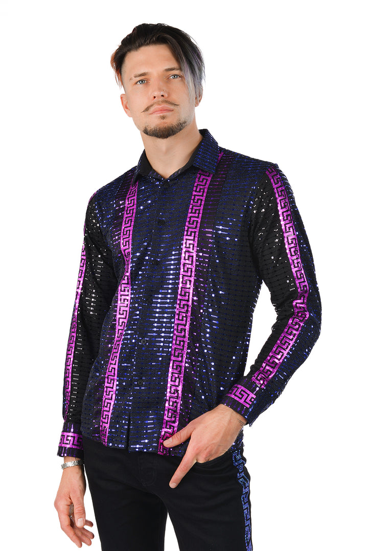 BARABAS Men's Greek Key Pattern Design Luxury Long Sleeve Shirt KP201 Black Purple