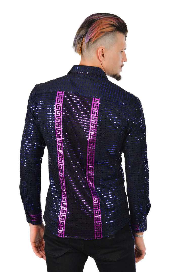 BARABAS Men's Greek Key Pattern Design Luxury Long Sleeve Shirt KP201 Black Purple