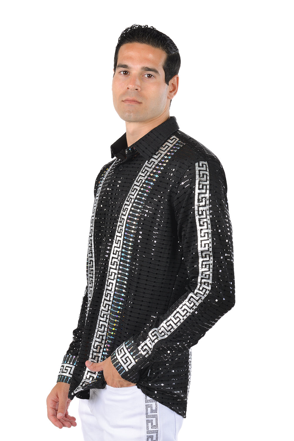 BARABAS Men's Greek Key Pattern Design Luxury Long Sleeve Shirt KP201 Black Silver