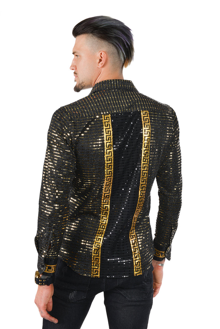 BARABAS Men's Greek Key Pattern Design Luxury Long Sleeve Shirt KP201 Black Gold