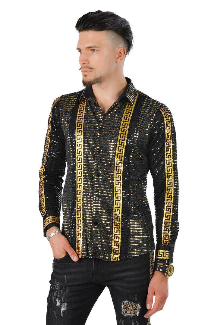 BARABAS Men's Greek Key Pattern Design Luxury Long Sleeve Shirt KP201 Black Gold