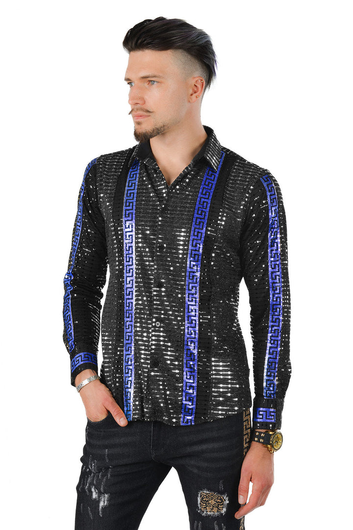 BARABAS Men's Greek Key Pattern Design Luxury Long Sleeve Shirt KP201 Black Royal Blue