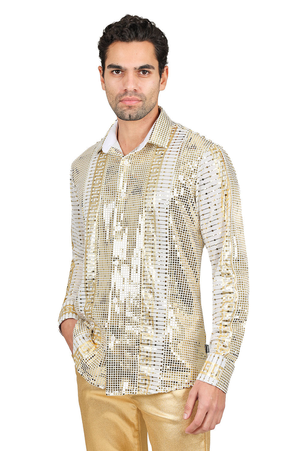 BARABAS Men's Greek Key Pattern Design Luxury Long Sleeve Shirt KP201  Gold