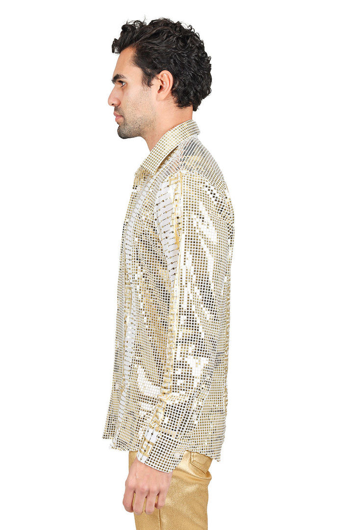 BARABAS Men's Greek Key Pattern Design Luxury Long Sleeve Shirt KP201 Gold