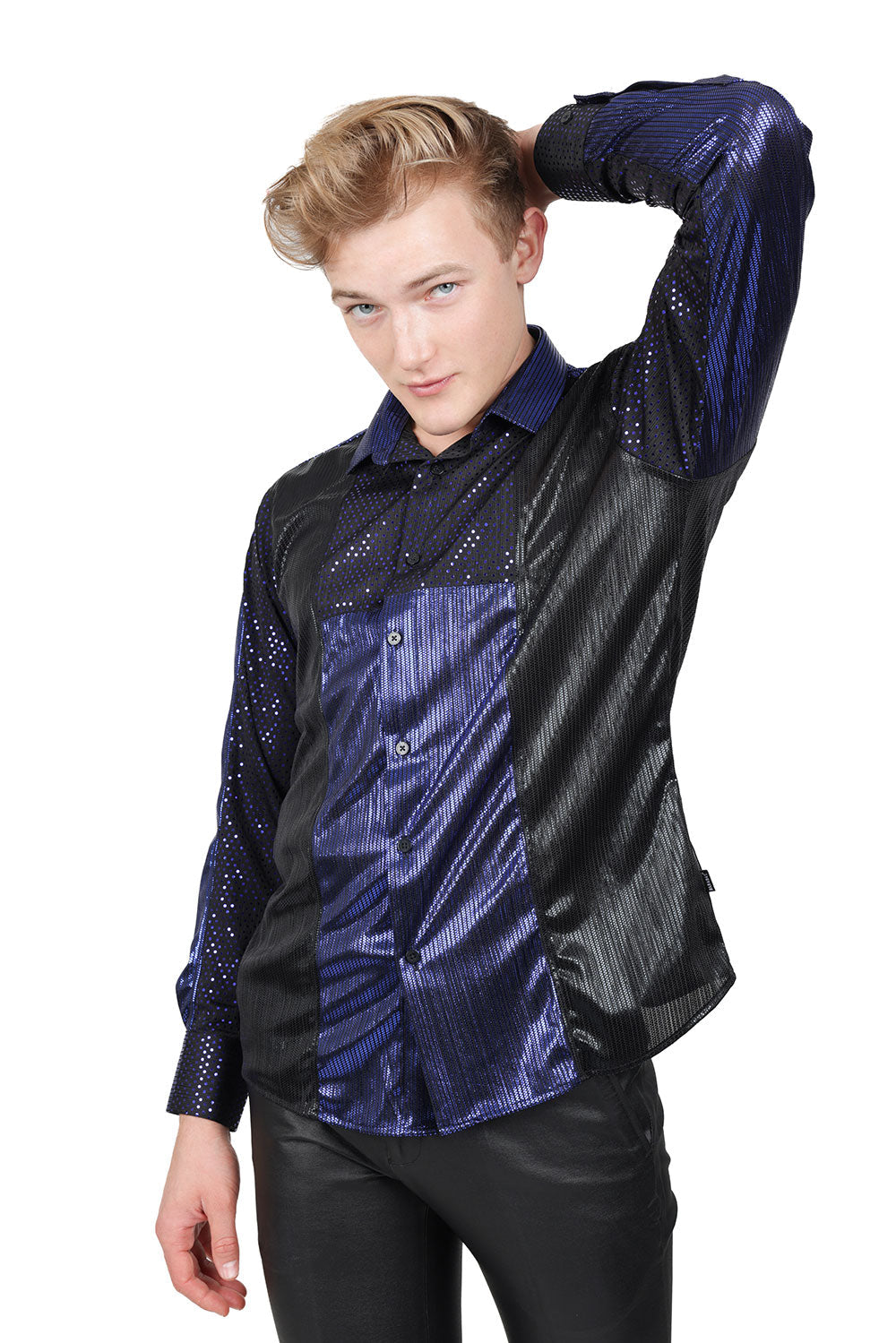 BARABAS Men's Two Tone Shiny Luxury Button Down Long Sleeve Shirt B312 Black Royal