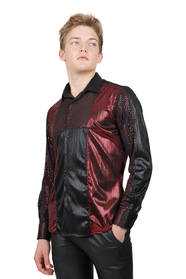 BARABAS Men's Two Tone Shiny Luxury Button Down Long Sleeve Shirt B312 Red
