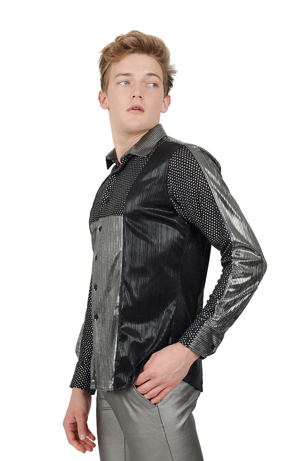 BARABAS Men's Two Tone Shiny Luxury Button Down Long Sleeve Shirt B312 Silver