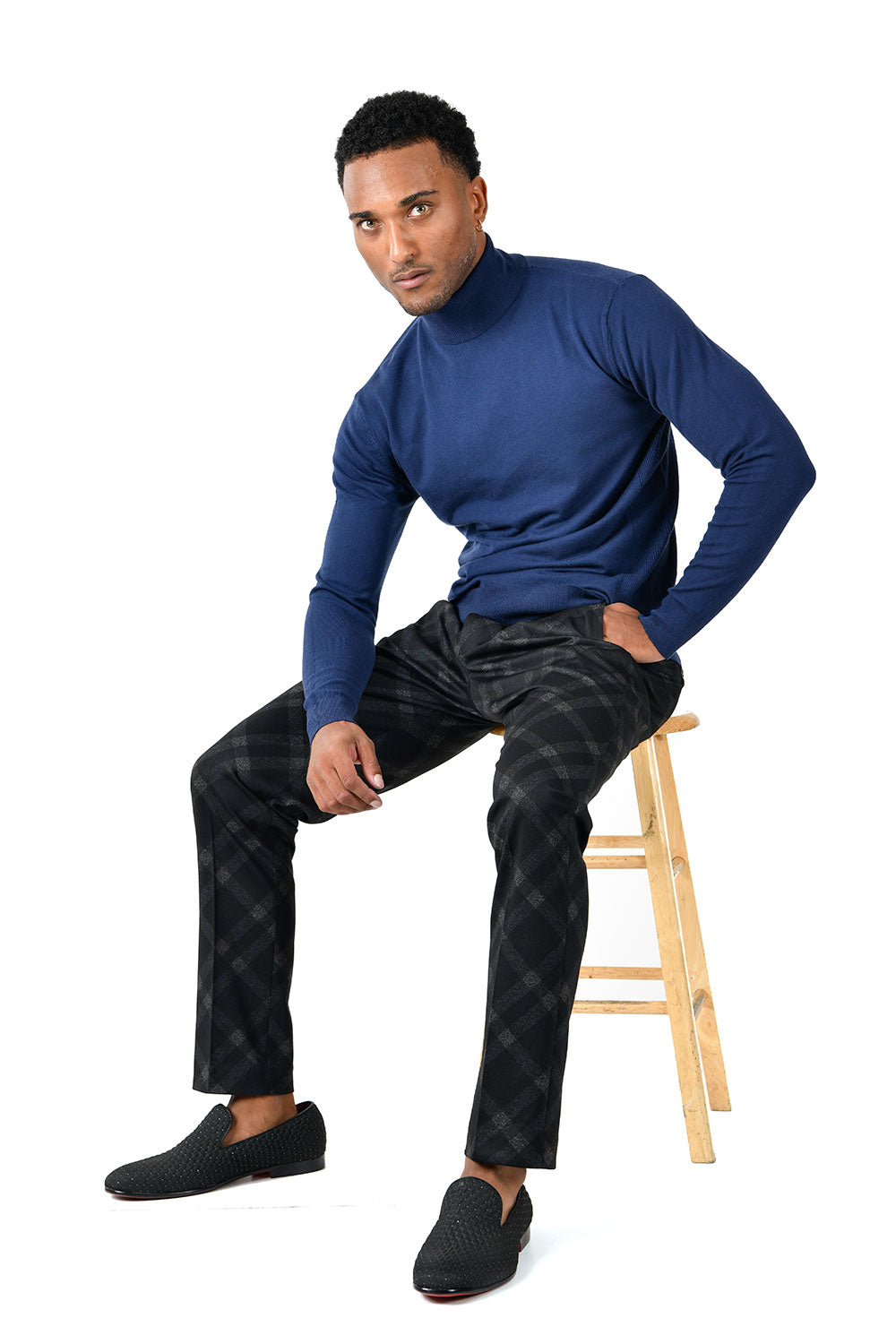 Men's Turtleneck Ribbed Solid Color Basic Sweater LS2100 Navy