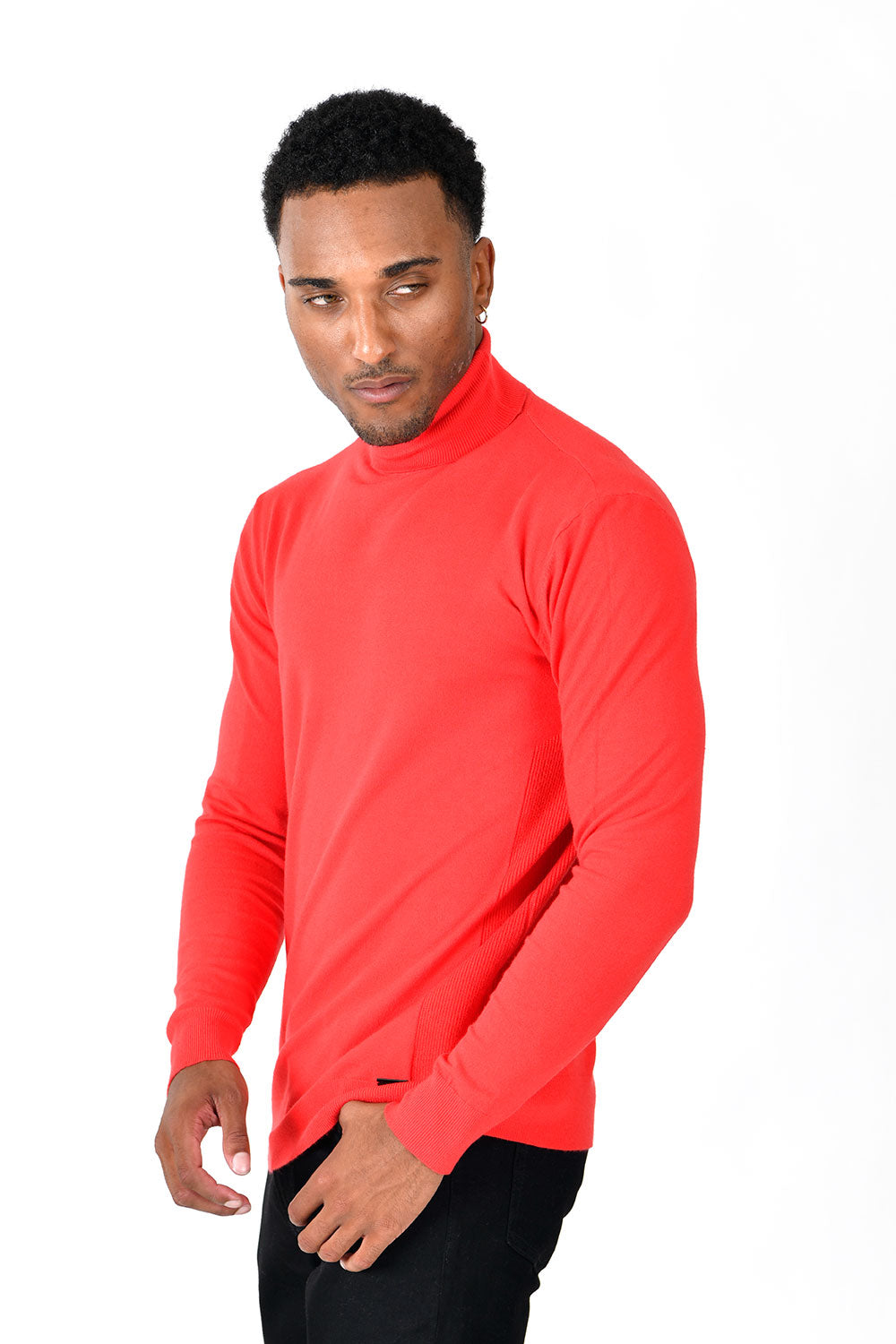 Men's Turtleneck Ribbed Solid Color Basic Sweater LS2100 Red