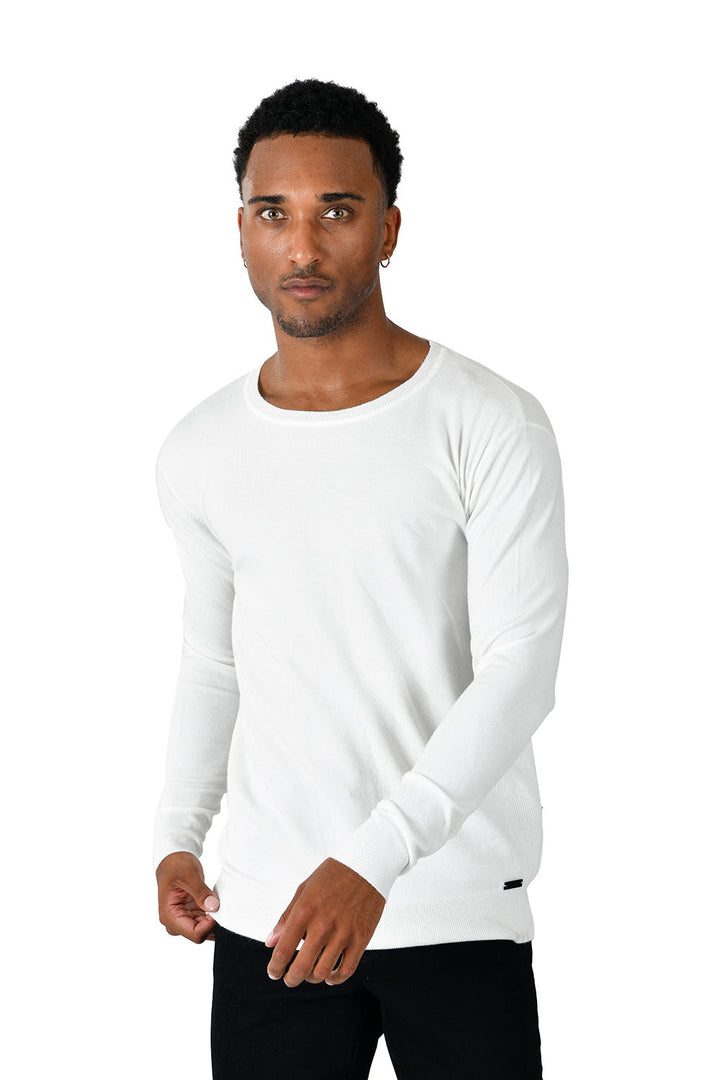 BARABAS Men's Crew Neck Ribbed Solid Color Basic Sweater LS2101 White