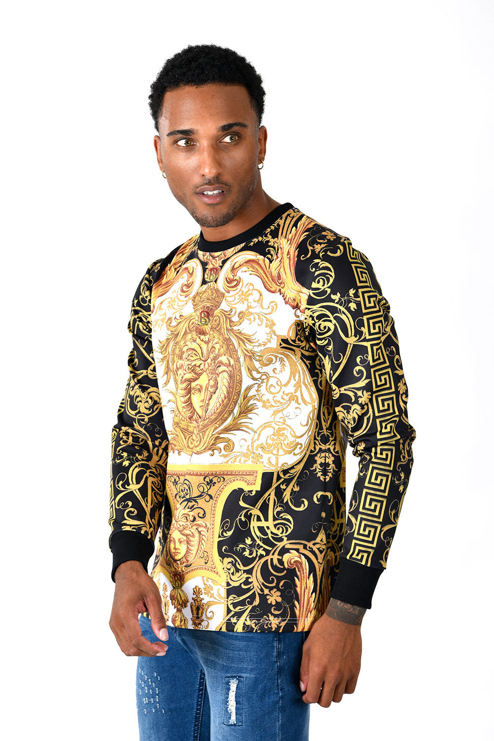 BARABAS men's Greek pattern Medusa crew neck sweatshirt LV128 Gold Black