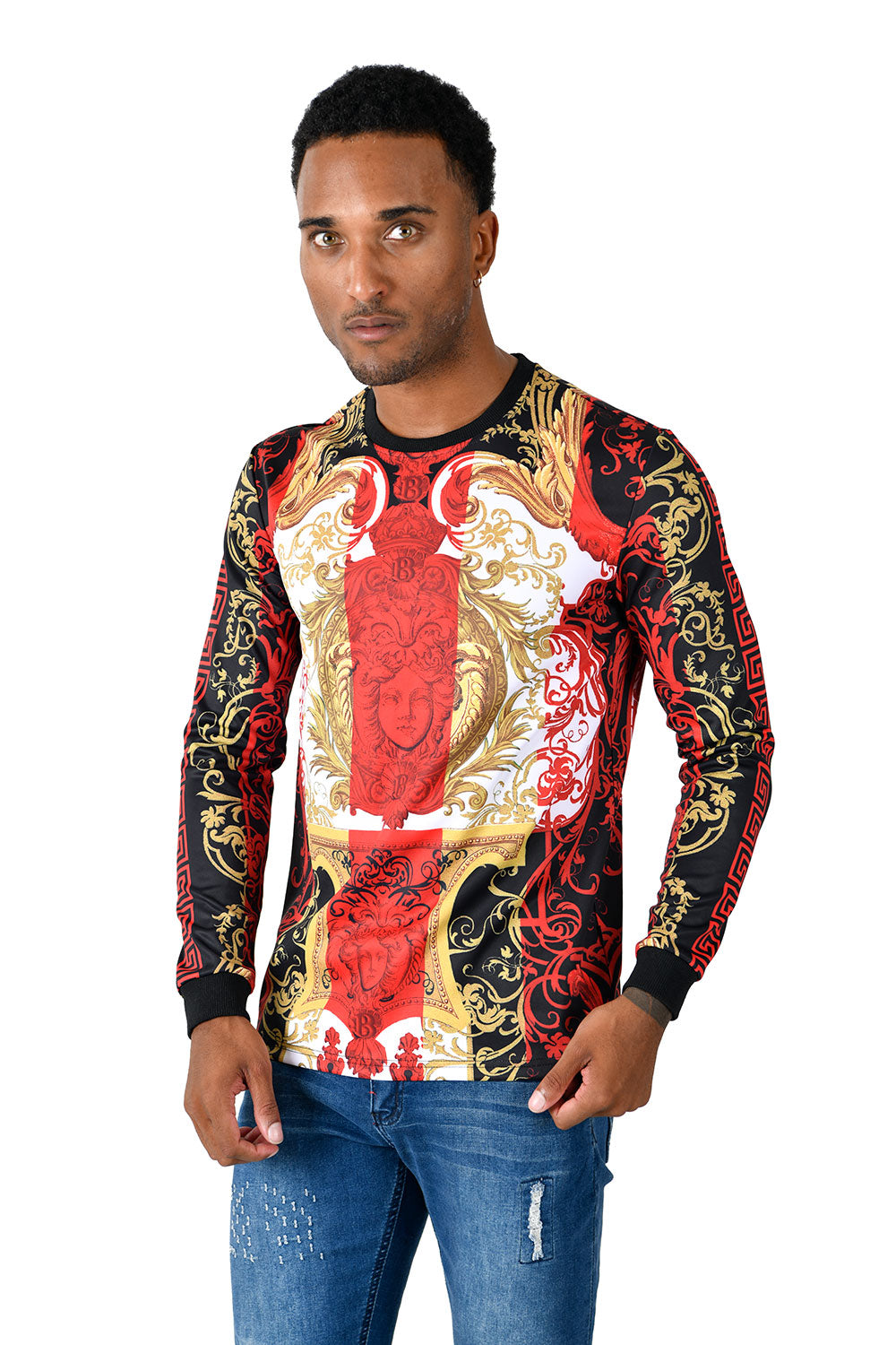 BARABAS men's Greek pattern Medusa crew neck sweatshirt LV128 Red Black