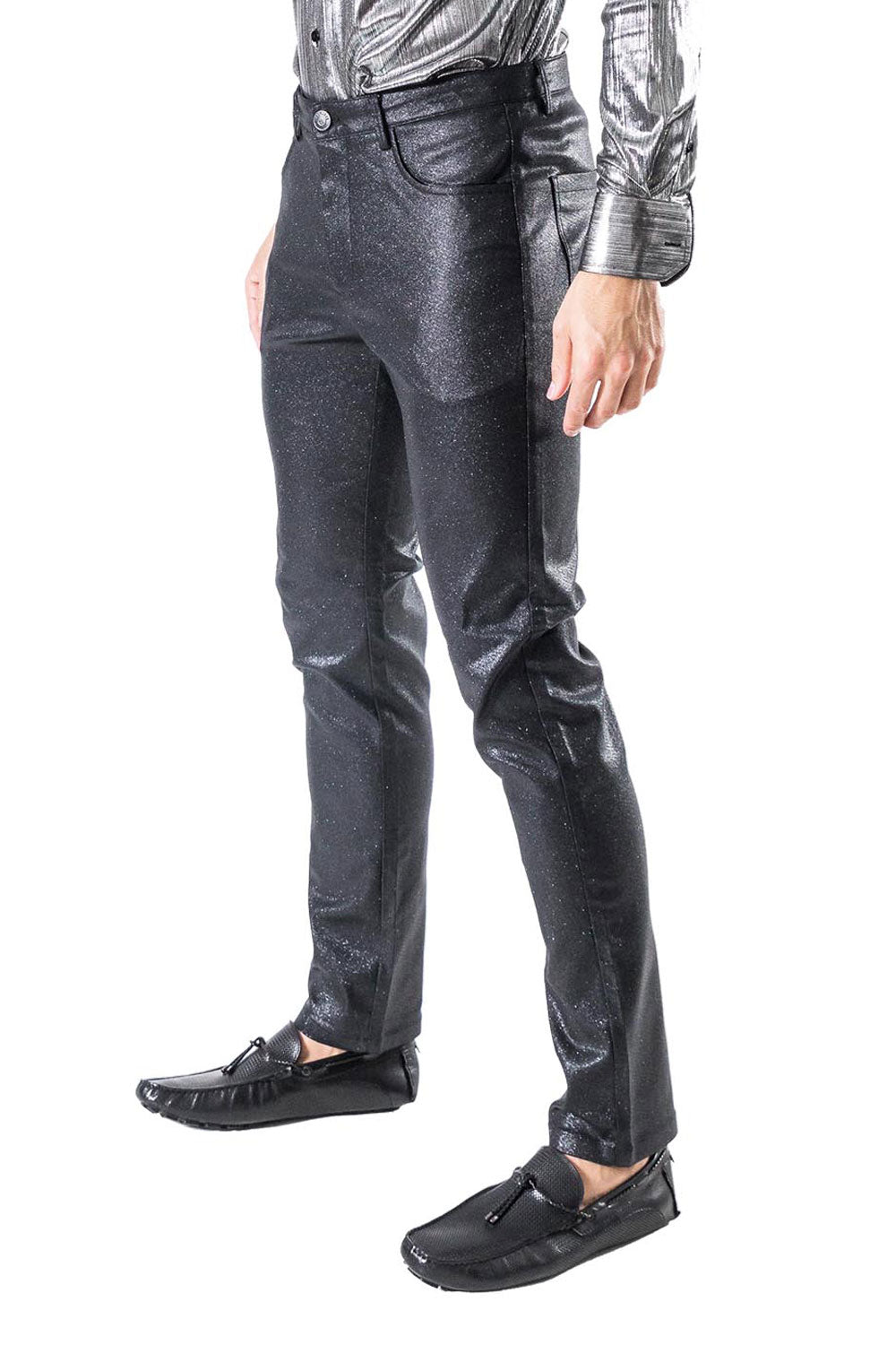 BARABAS men's shiny glittery black chino pants CPW26