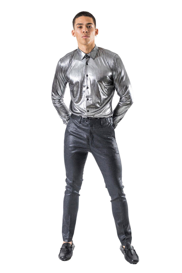 Barabas Men's Shiny Leather Nylon Button Fastening Stretch Slim Fit Pants CP015