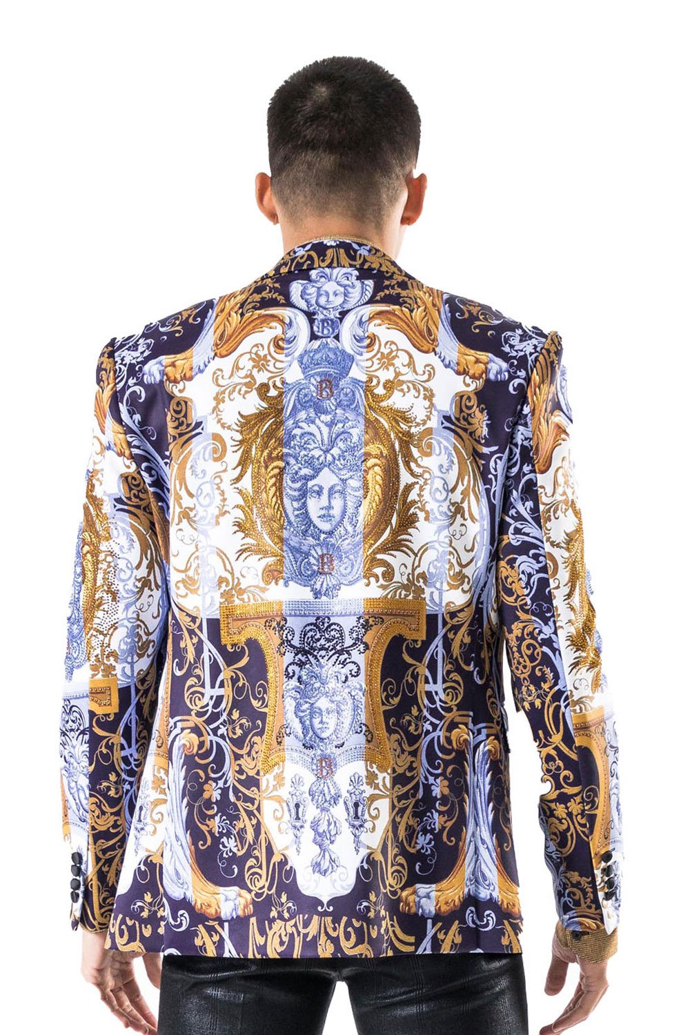 BARABAS Men's luxury greek pattern Medusa Blue navy gold Blazer JP703