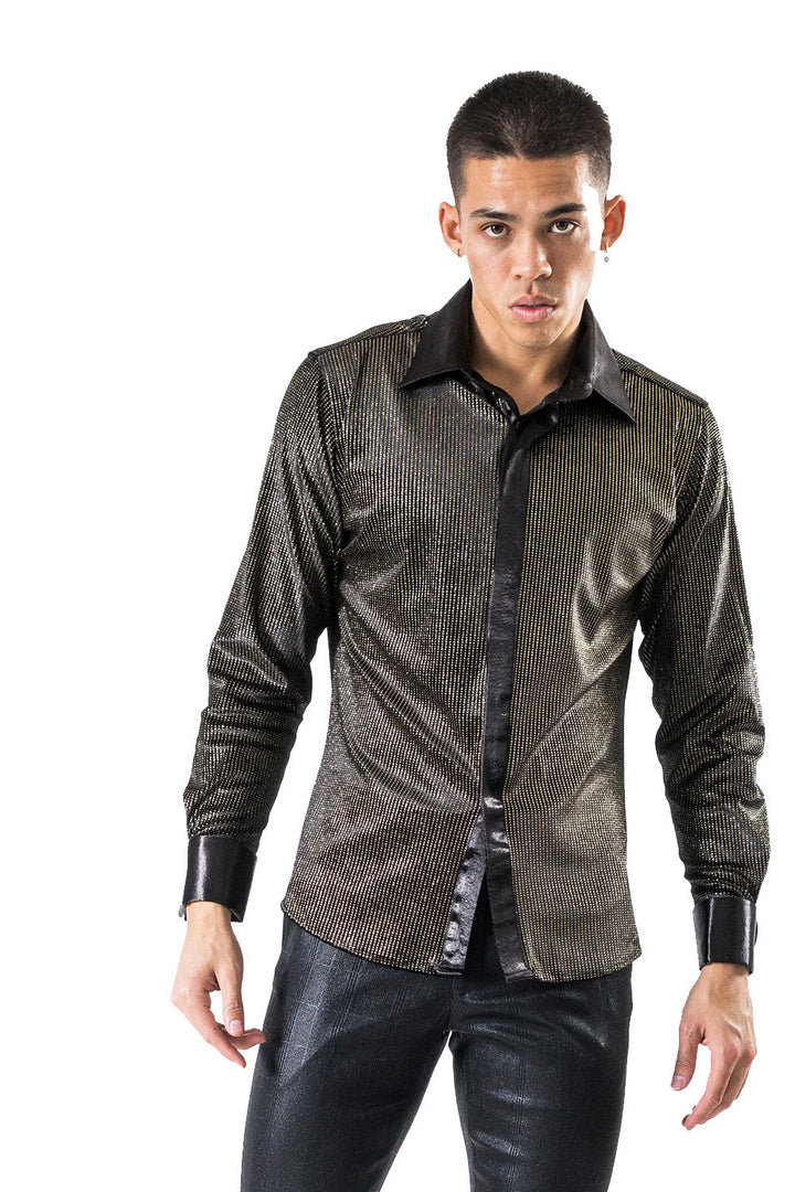 BARABAS Men's Glittery Sparkly Leather Button Down Black Shirts LT21