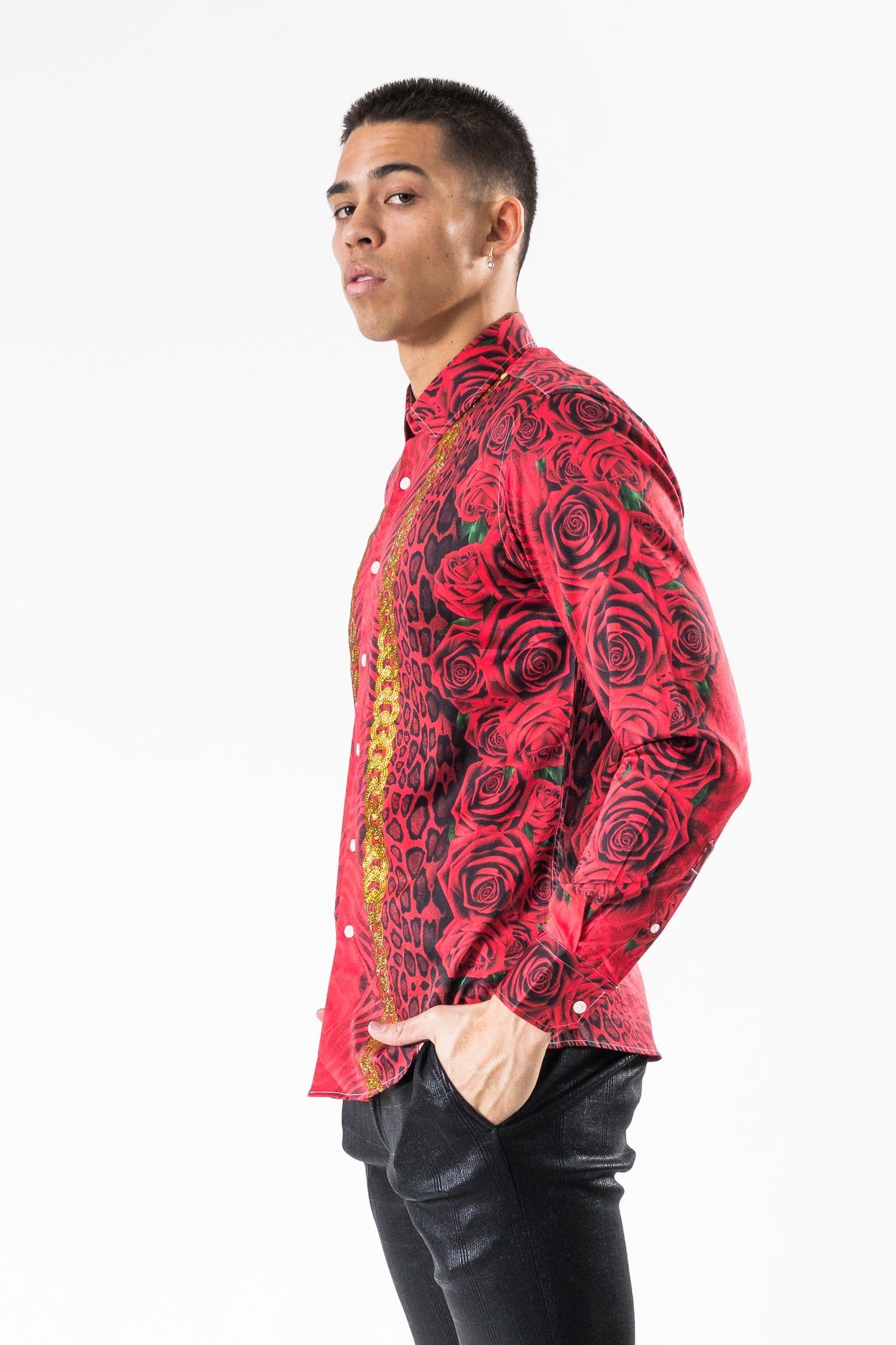 BARABAS Men's Rhinestone Printed Tiger Chain Button Down Shirt SP955 red