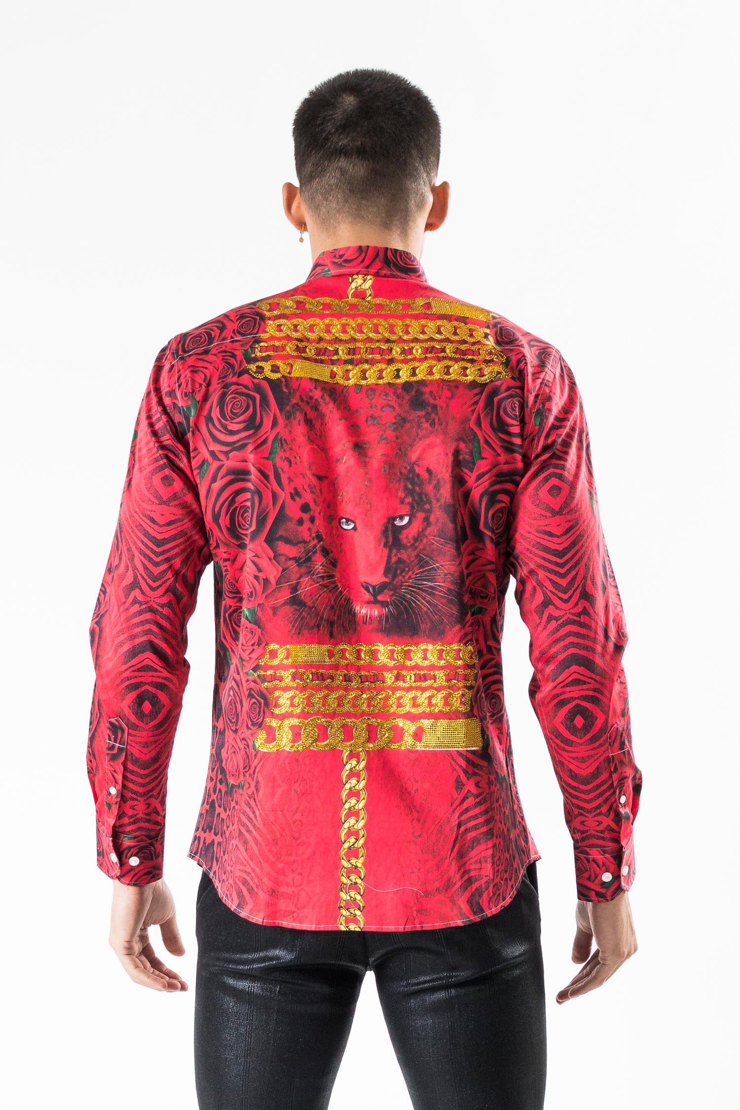 BARABAS Men's Rhinestone Printed Tiger Chain Button Down Shirt SP955