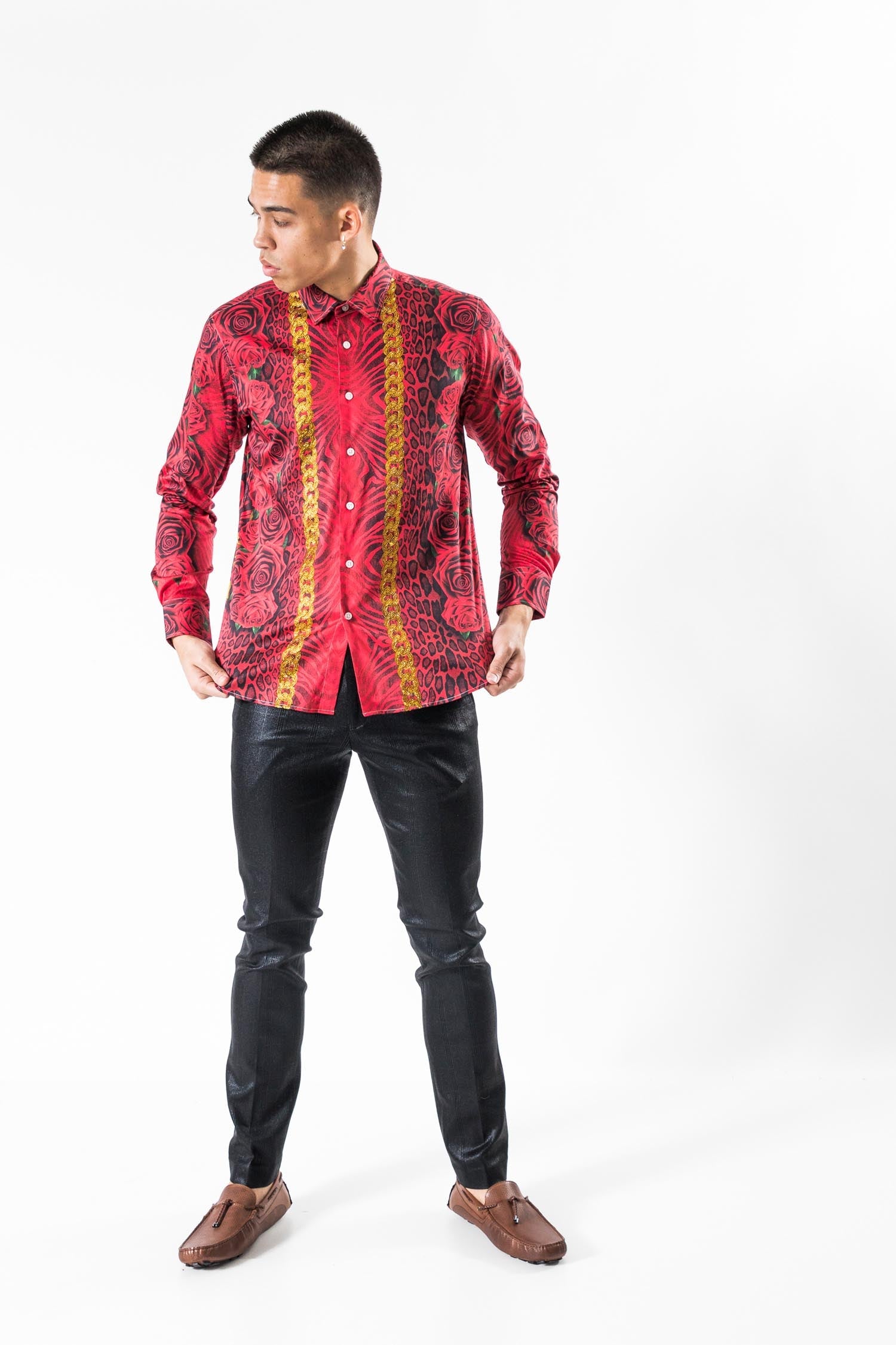 BARABAS Men's Rhinestone Printed Tiger Chain Button Down Shirt SP955 Red