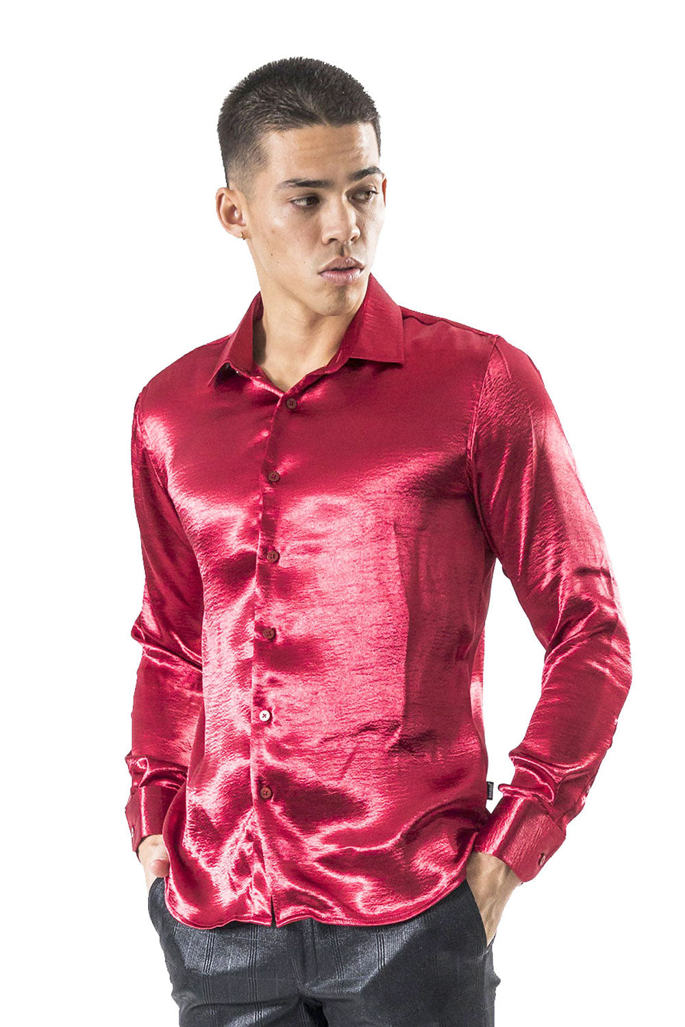 BARABAS Men shinny solid color button down dress Shirts B302