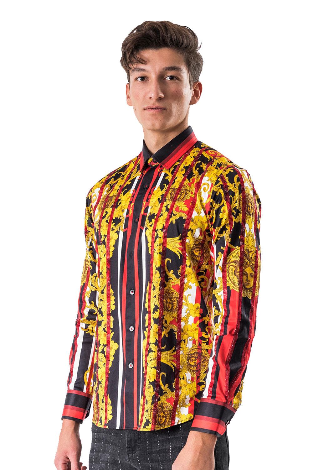 BARABAS Men's Floral Medusa Printed Multi Color Button Shirts SPR952