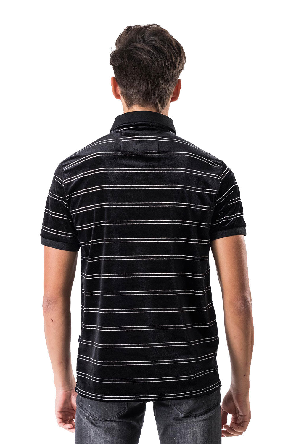 BARABAS Men's Black Silver Glittery Striped Polo Shirts PV50