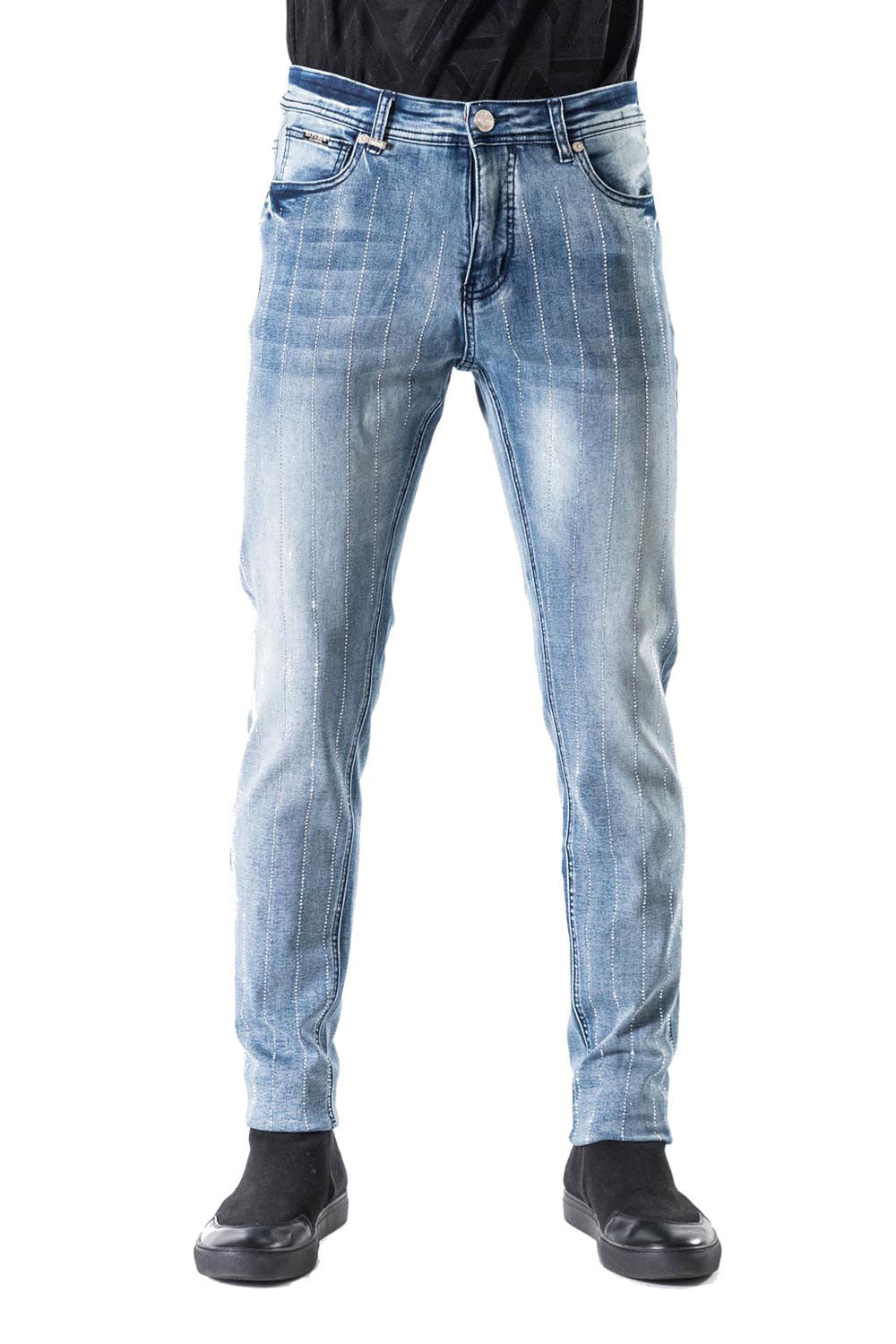 Barabas Men's Rhinestone Stretchy Slim Fit Blue Denim Jeans SN8887 Blue